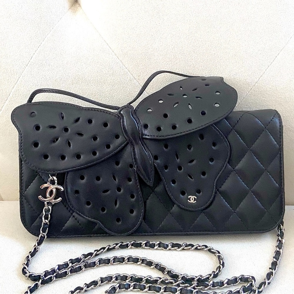 Chanel 2011 Rare Lambskin Black Butterfly Ornament Clutch Flap Bag